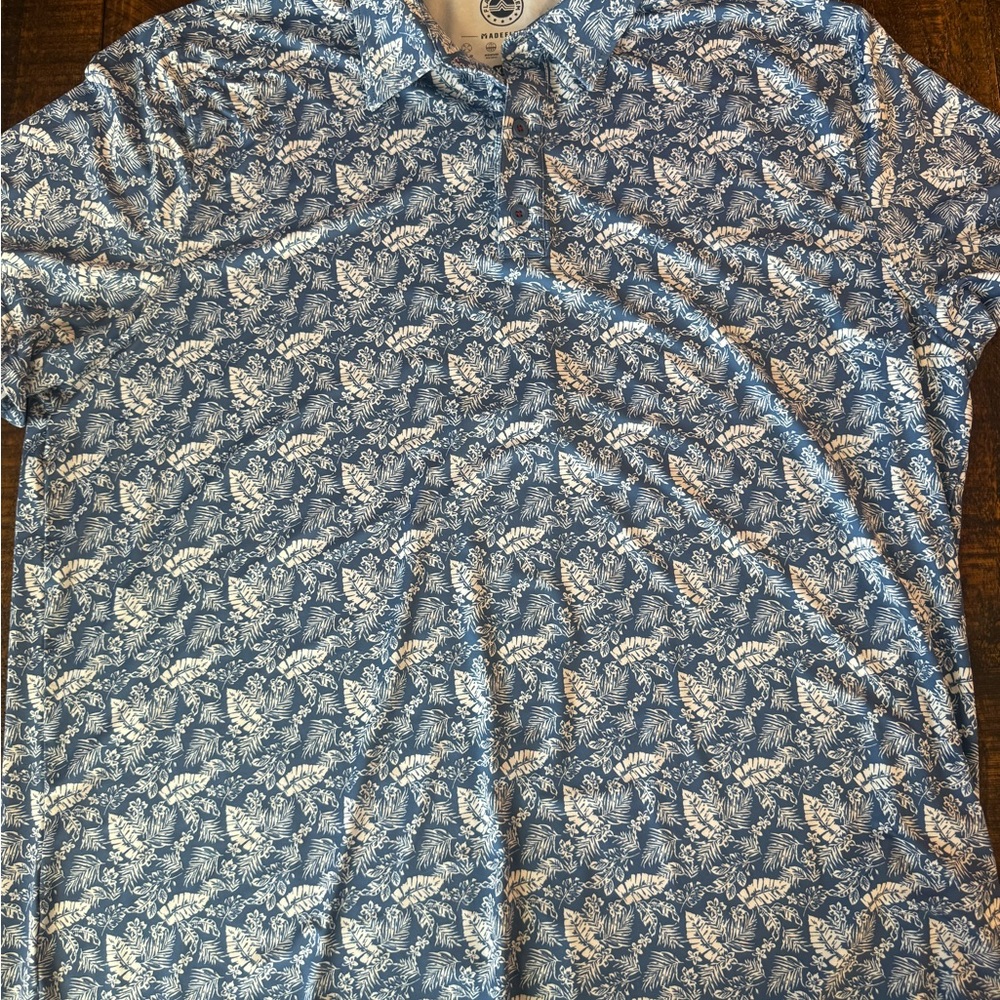 Blue and White Leaf Print Polo Shirt